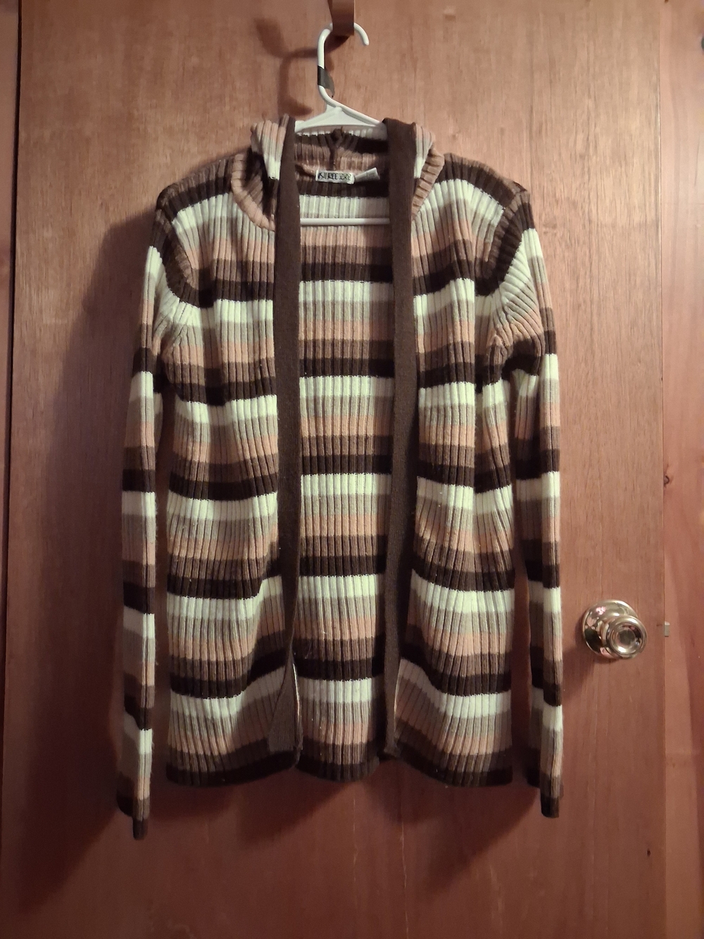 Striped Hooded Rib-Knit Cardigan in Brown, Tan & Cream